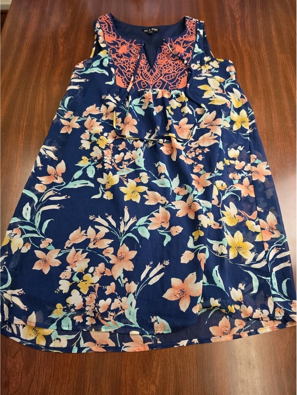 As U Wish Blue Floral Embroidered Sleeveless Chiffon Romantic Feminine XS Dress